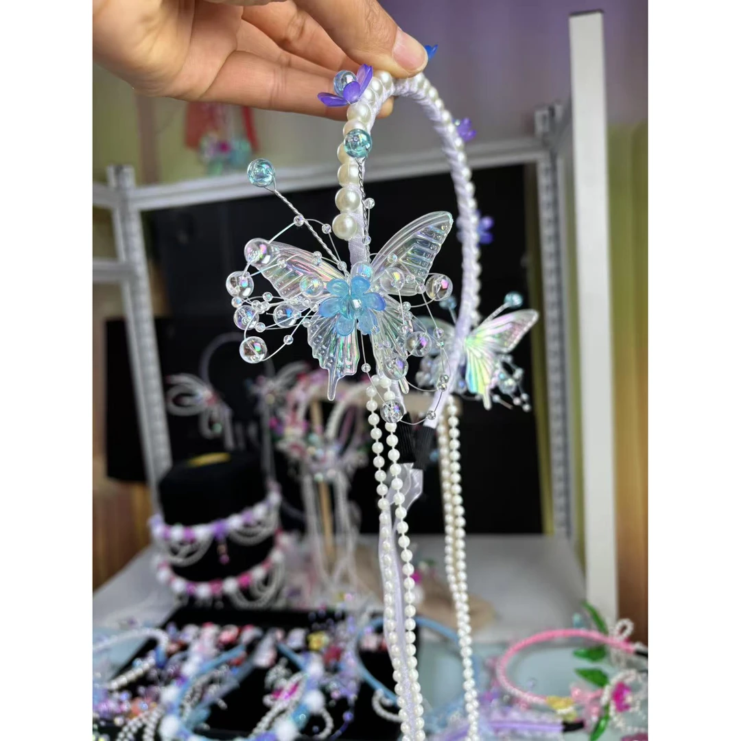 【珍珍手工专属】珍珠蝴蝶流苏发箍 蝴蝶菱形珠发箍材料包