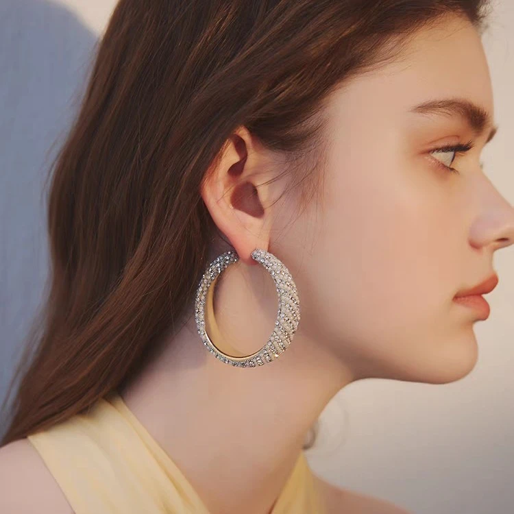 铜合金无非金属耳饰 日韩法式复古港风钻珠珠气质轻五公分圈-耳环