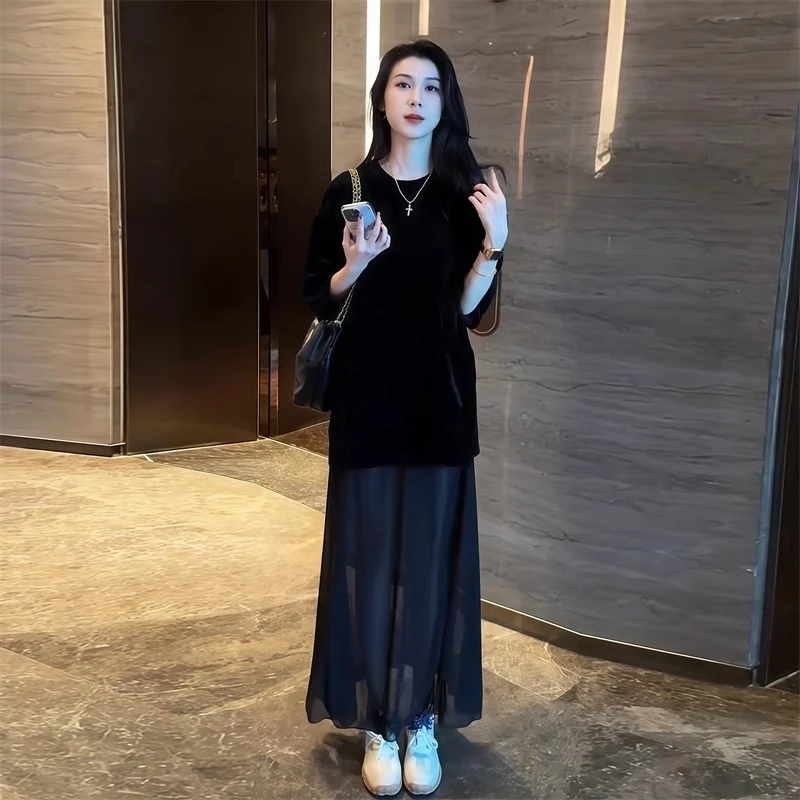 春季新款简约廓形轻奢百搭上衣+高腰网纱拼接鱼尾半身裙两件套女