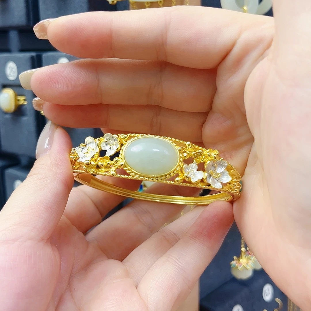 和田玉银S925镀金镶嵌手镯