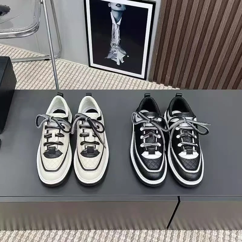 小香风圆头潮鞋新款黑白熊猫鞋女百搭系带厚底增高休闲运动鞋小众