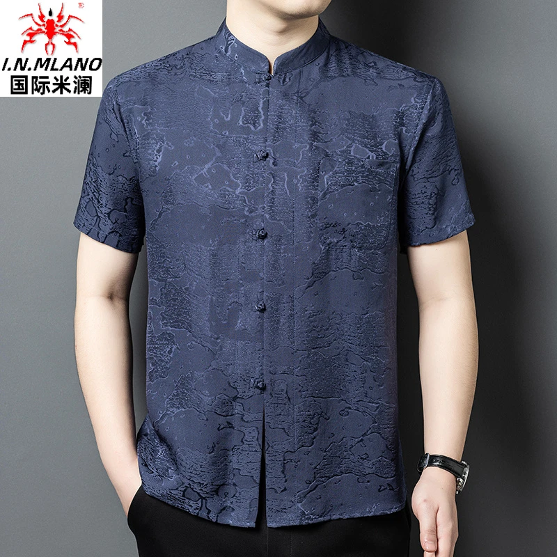中国风100%桑蚕丝香云纱带口袋唐装男短袖新中式真丝中国风衬衫男