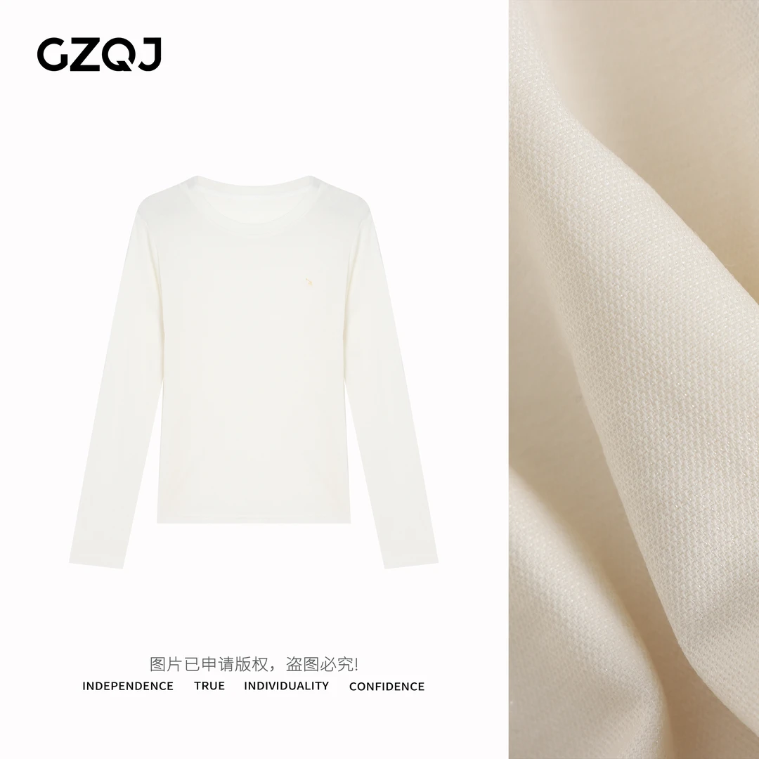 广州琴姐【云柔心动】简约百搭小标刺绣圆领长袖T恤女春夏上衣9512