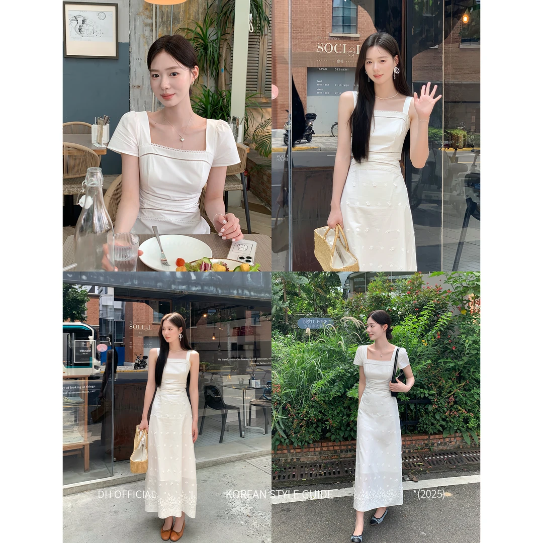 DH OFFICIAL 大花【泡沫之夏】凉感收腰领证小白裙温婉连衣裙女夏