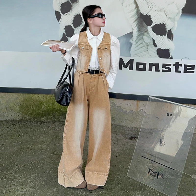 女童牛仔马甲三件套春秋2024新款儿童洋气时髦长袖衬衫春装阔腿裤