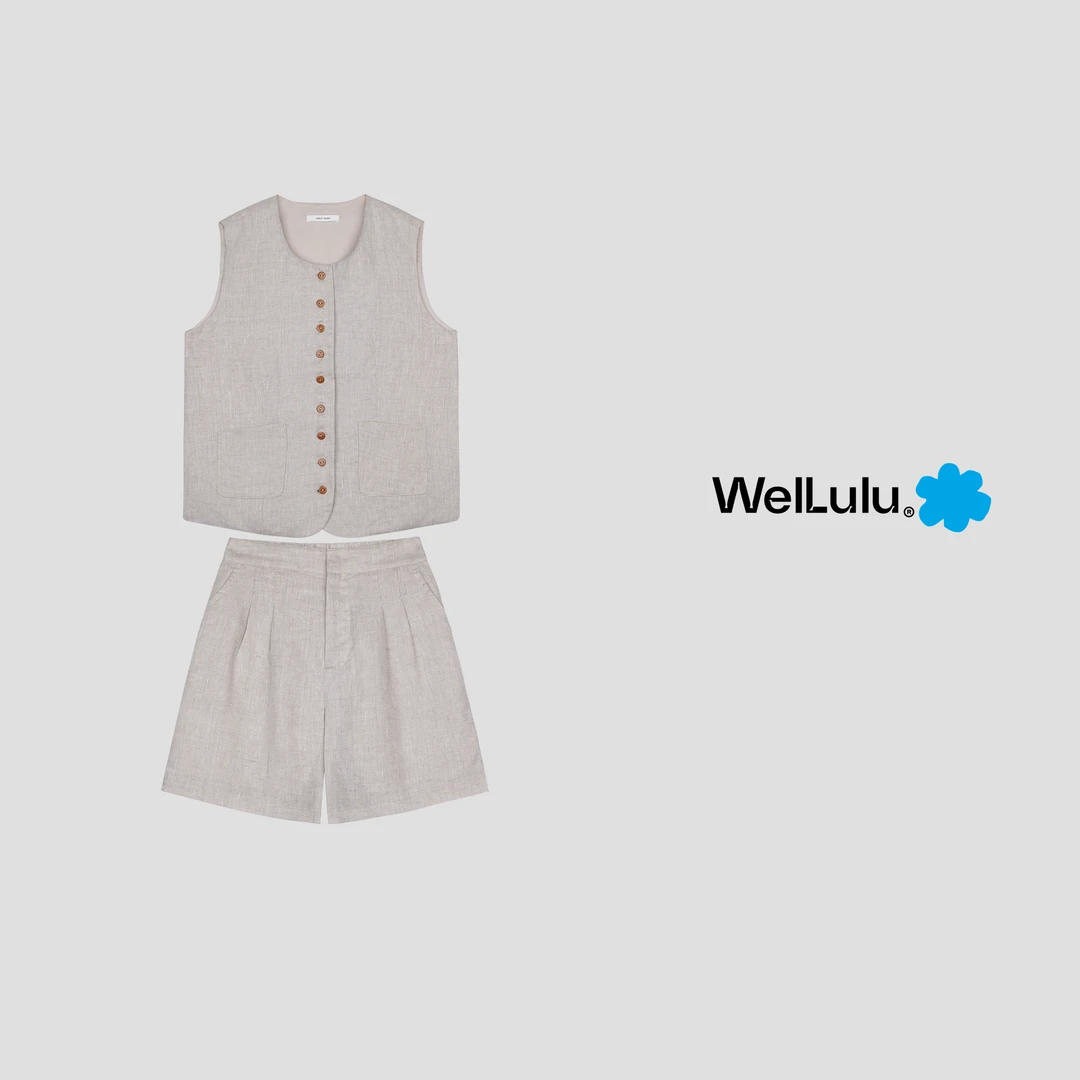 WelLulu「蛮有腔调套装」进口亚麻利落显瘦无袖马甲短裤两件套