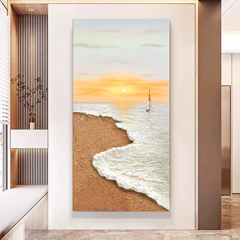 手绘油画《日出》玄关挂画客厅沙发背景装饰画肌理画诧寂风壁画