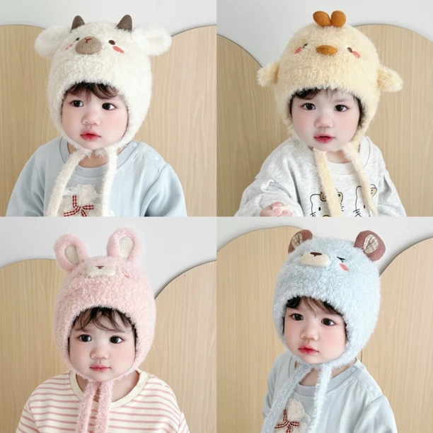 婴儿帽子秋冬季宝宝毛绒帽婴幼儿男冬季保暖洋气护耳帽女毛线帽小