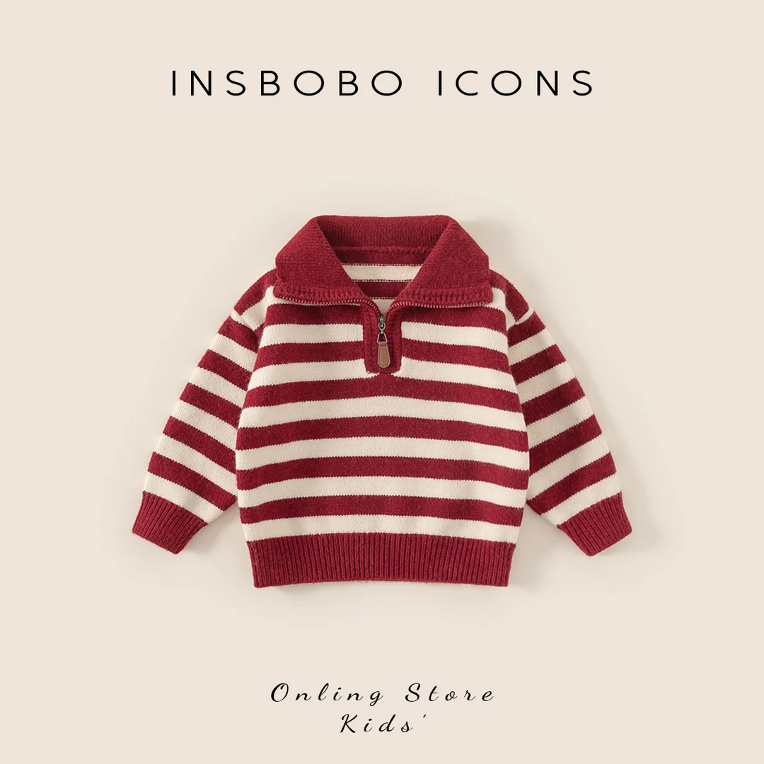 INSbobo儿童翻领毛衣秋冬洋气百搭撞色条纹领口拉链毛衣潮DY85049