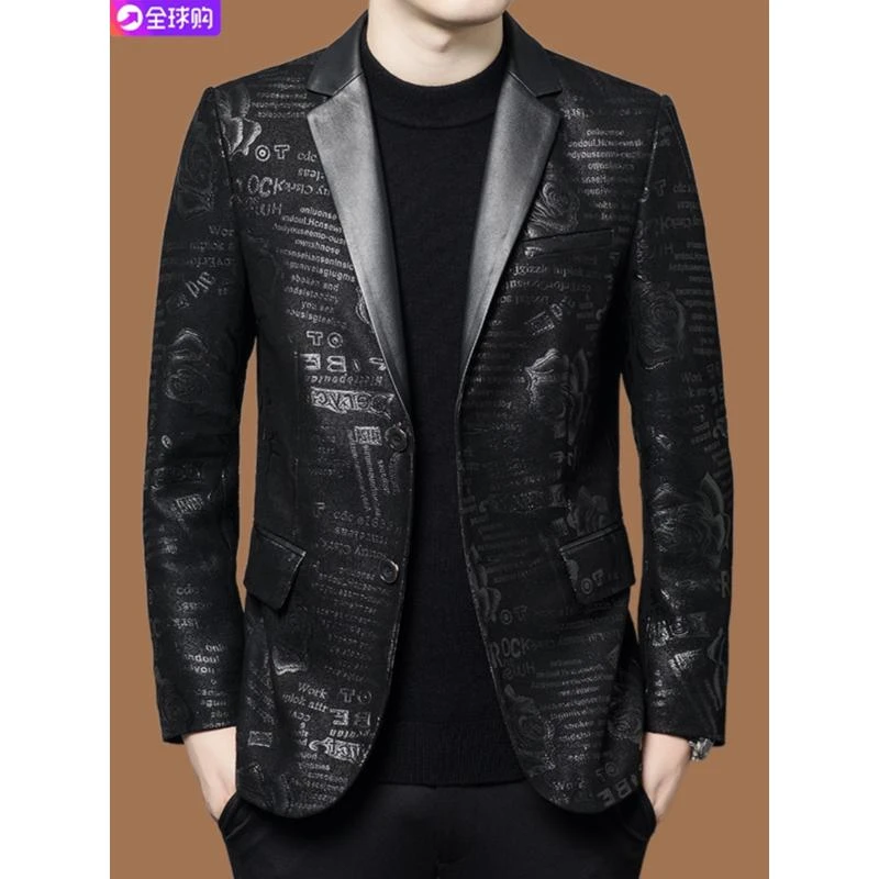 秋冬厚款男士高端100%绵羊皮西装外套刻花大玫瑰海宁真皮衣西服