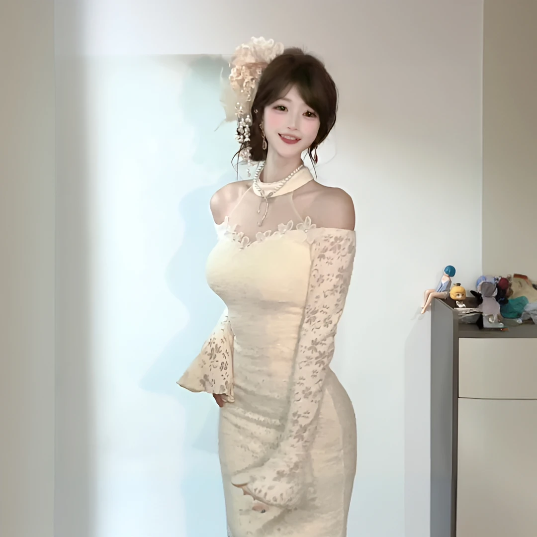 白白【沙伦玫瑰】冬季新款纯欲风网纱拼接包臀鱼尾裙SBBZGL408266