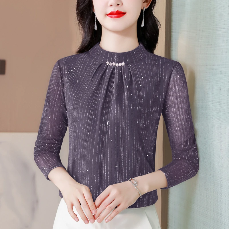 时尚修身气质秋冬百搭洋气长袖半高领上衣亮丝网纱加绒加厚打底衫