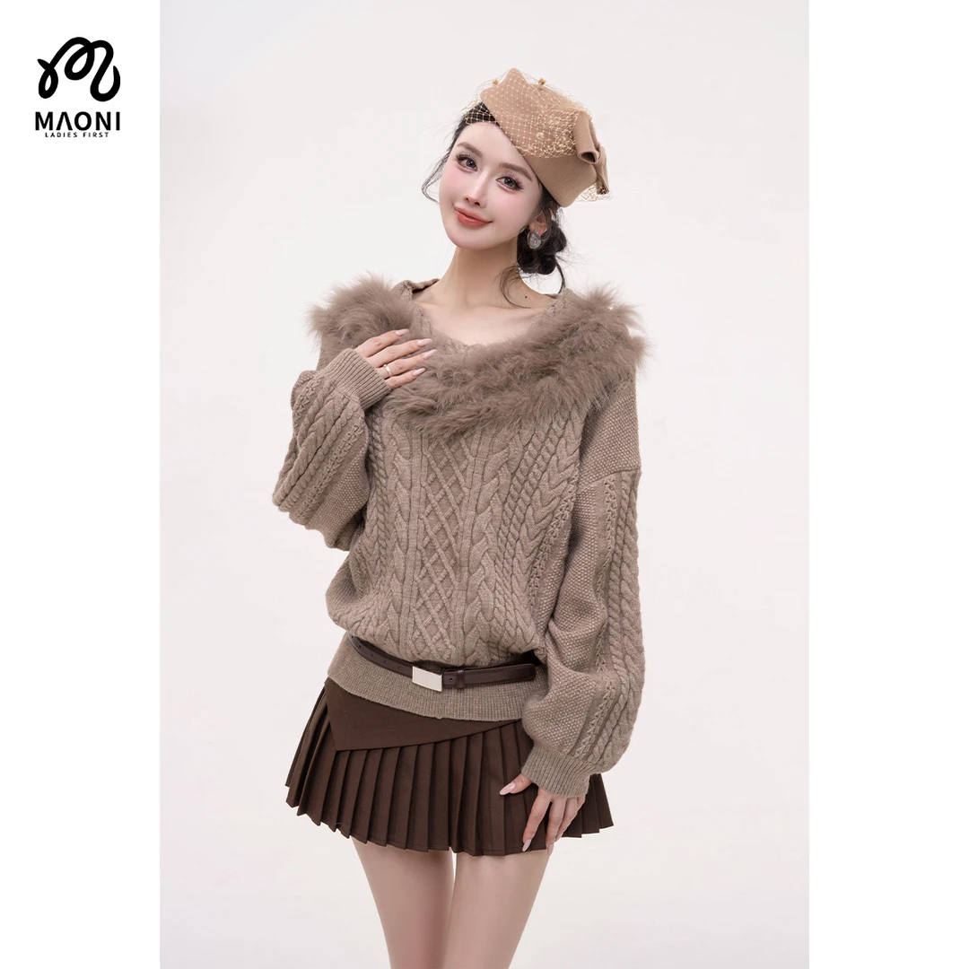 毛妮LADIESFIRST【暖绒漫想】兔毛领麻花针织毛衣甜美温柔风L2481