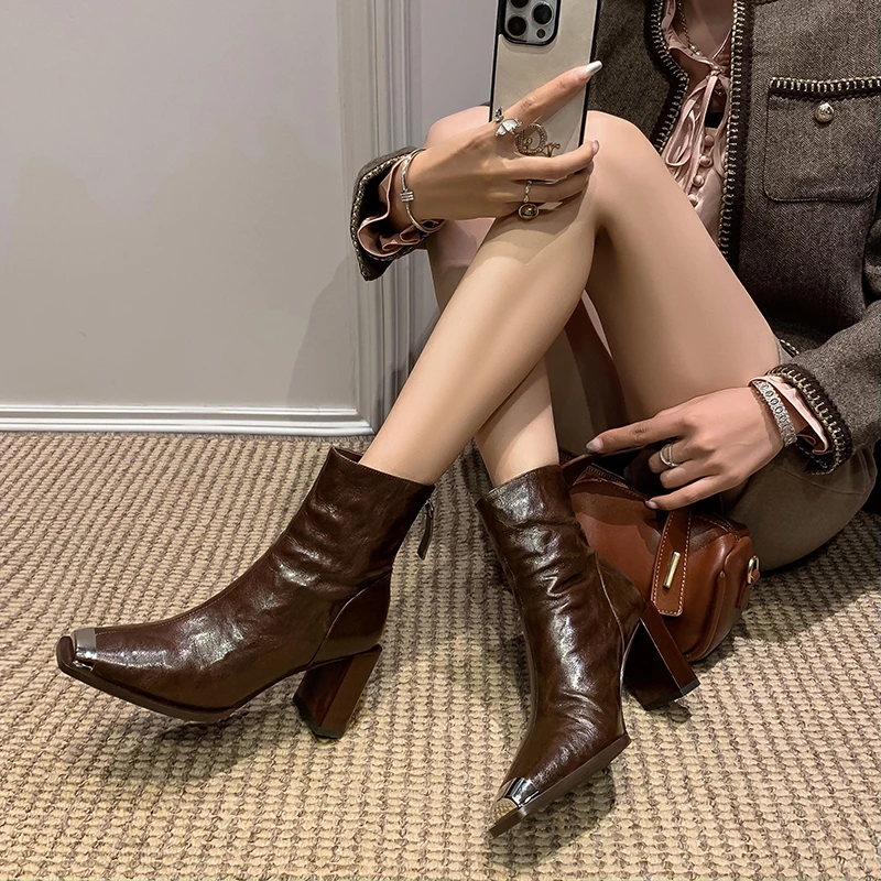 范戈希跟6/4cm真皮羊皮粗跟高跟方头秋冬瘦瘦靴气质百搭买1赠3