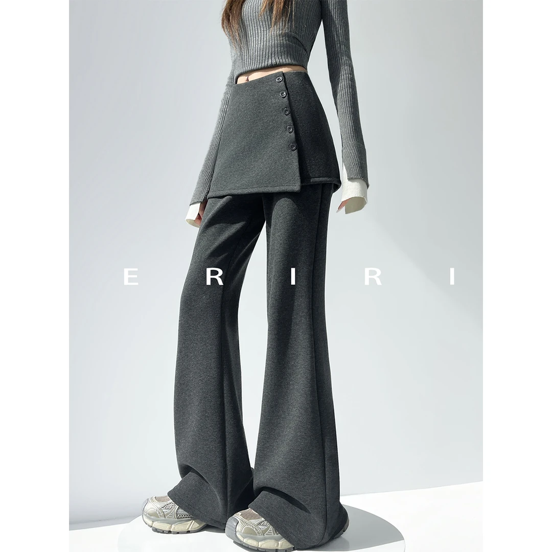ERIRI / 时髦辣妹设计屁帘假两件微喇长裤加绒保暖休闲裤