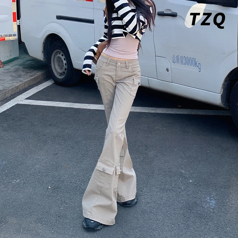 多口袋牛仔工装裤女爆款2025新款美式高腰高街喇叭裤子TZQ123142