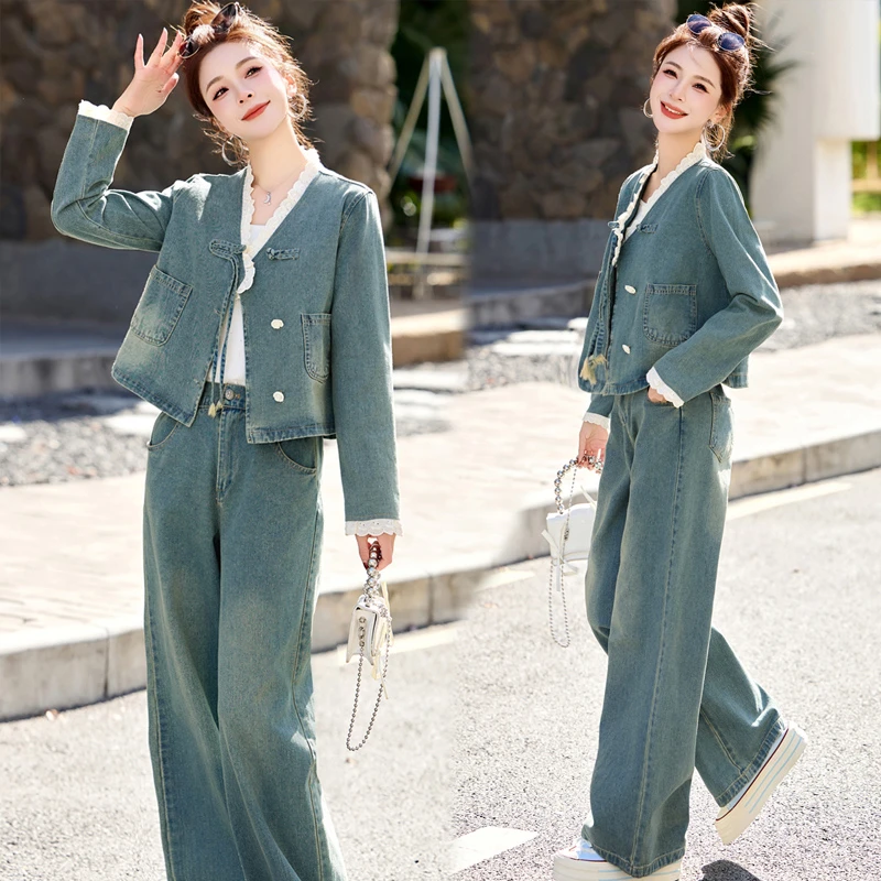 新中式国风牛仔套装女2025年秋季新款高级感印花气质阔腿裤两件套