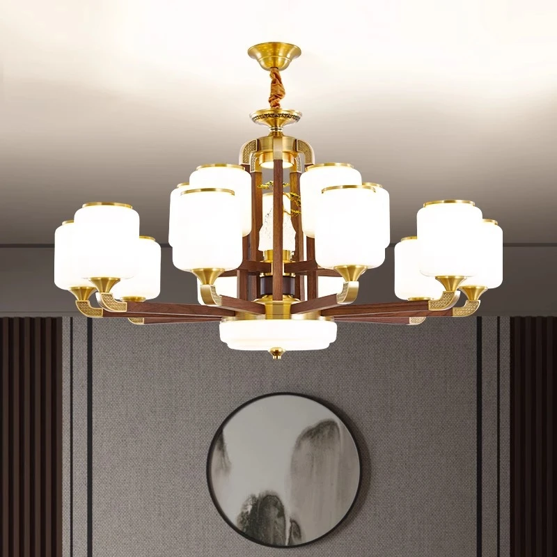 新中式客厅吊灯高端全铜胡桃木别墅复式楼大厅餐厅2025中国风新款