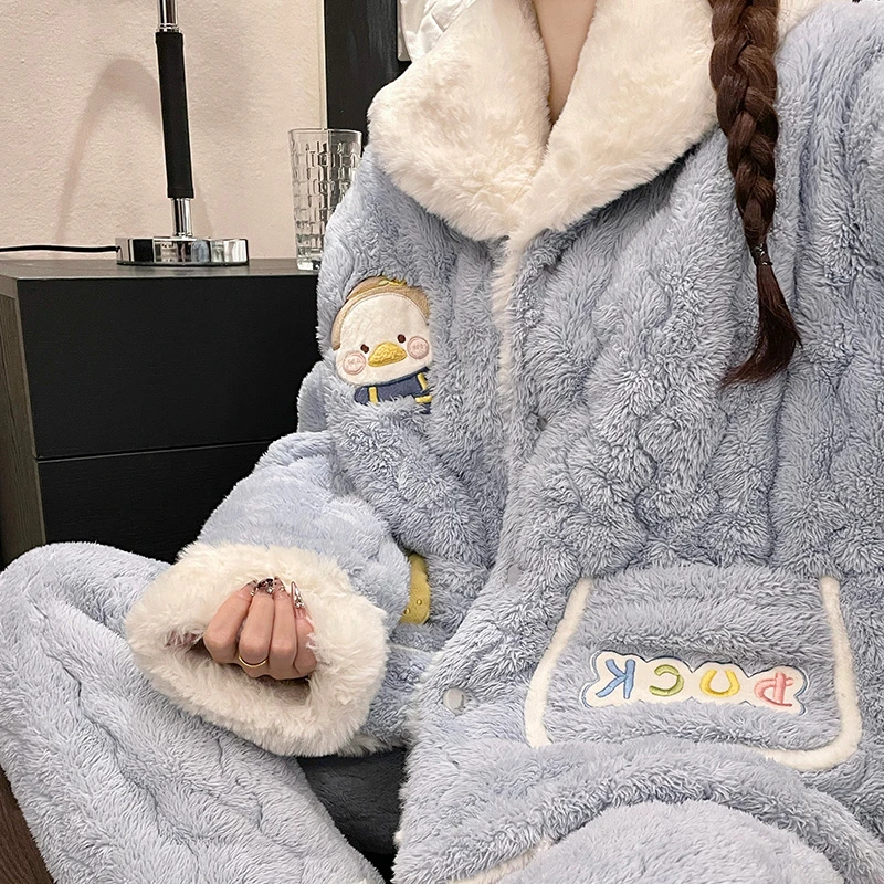 2025年秋冬季新款夹棉睡衣女款三层夹棉加厚可爱家居服套装