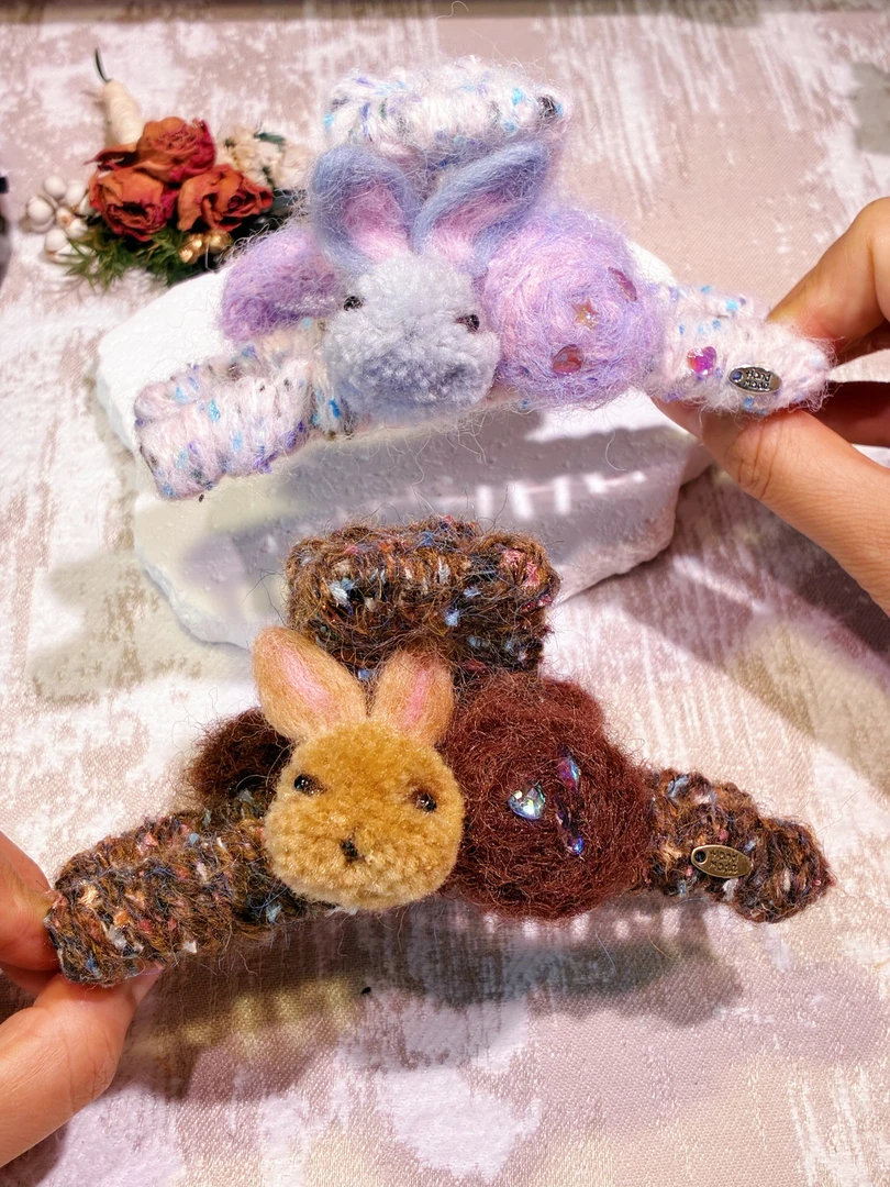 小兔子卡通毛线秋冬可爱鲨鱼夹女甜美少女风日韩复古抓夹发夹夹子