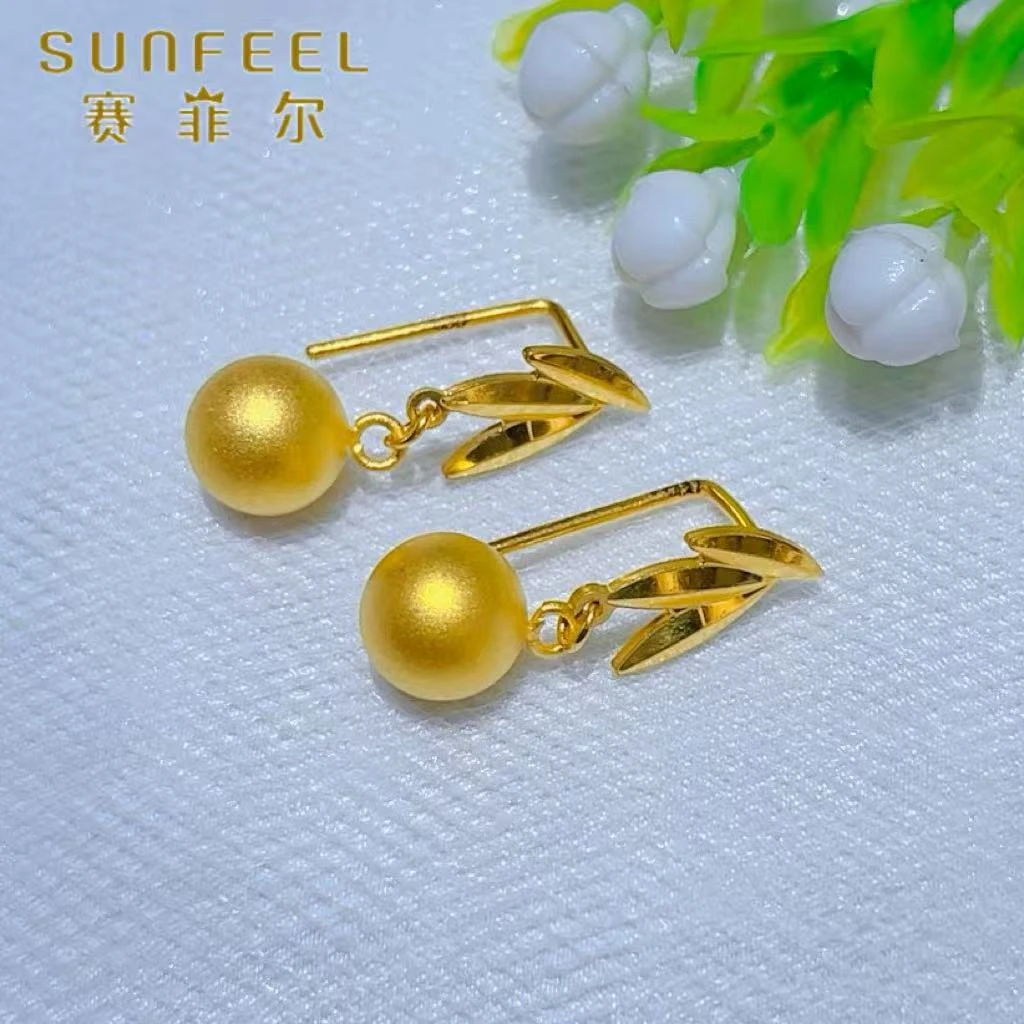 SUNFEEL/赛菲尔黄金万足®足金新中式竹叶黄金耳饰猫眼吊坠森系