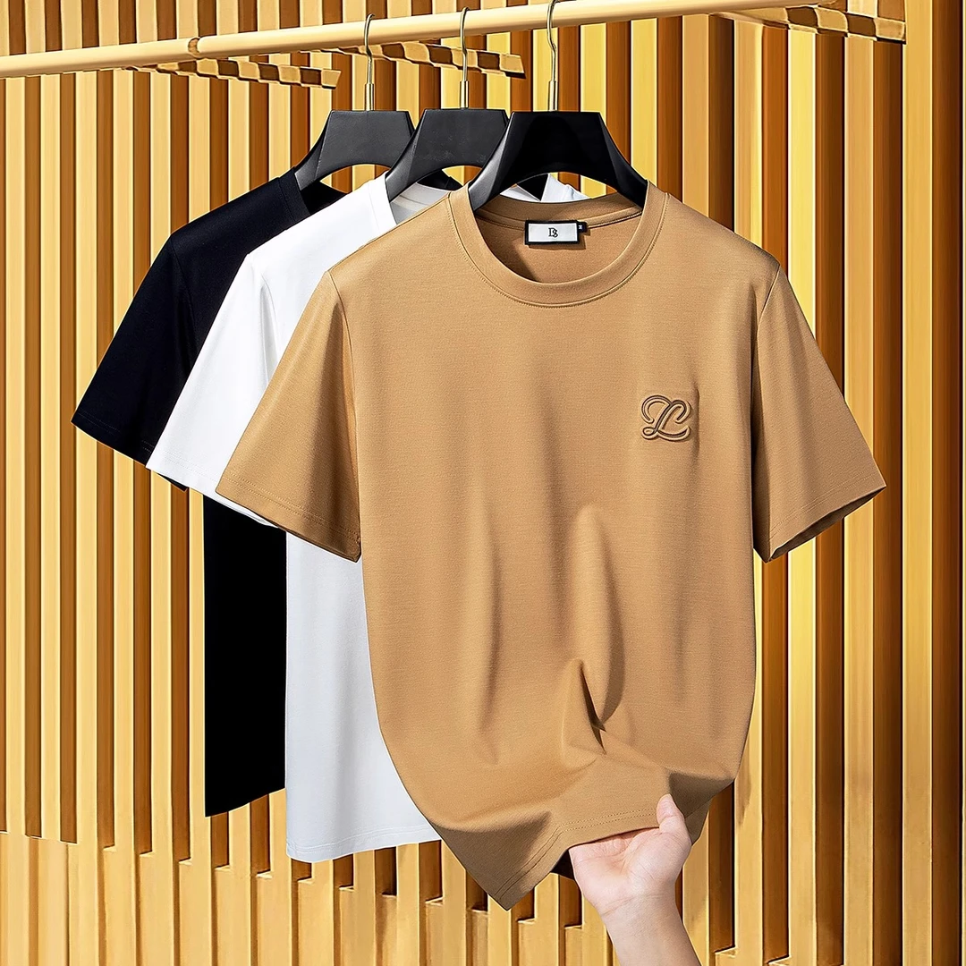 夏季高端轻奢时尚简约纯色冰丝透气薄款男士修身圆领套头短袖t恤