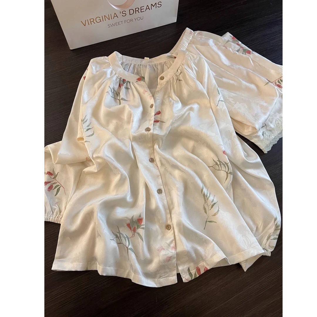 新中式国风花卉印花缎面睡衣女春秋季新款长袖长裤居家套装可外穿