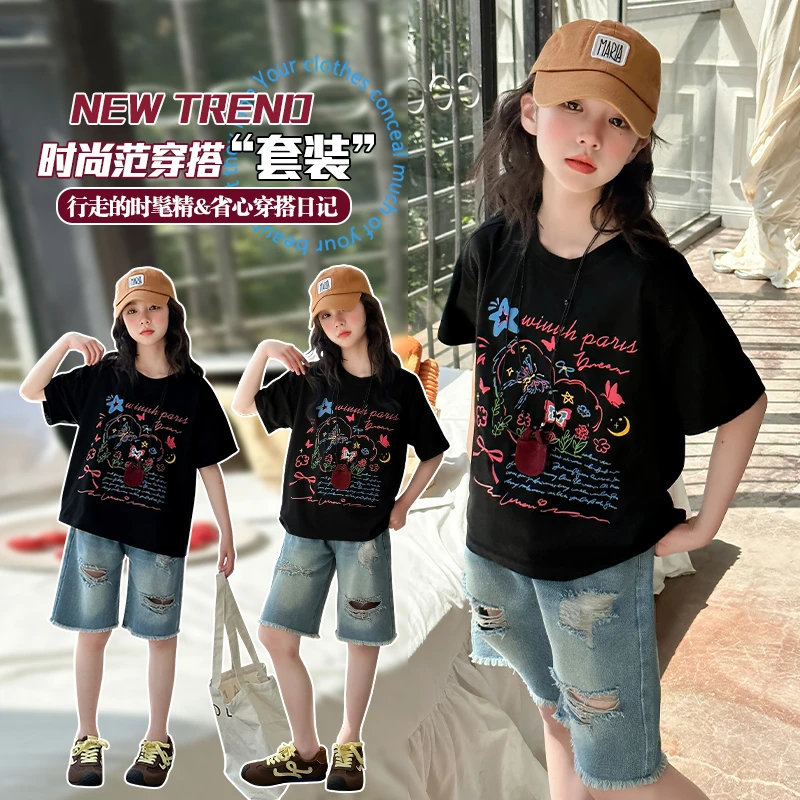 美式复古涂鸦蝴蝶短袖t恤女童潮牌宽松街头中大童半袖短裤套装