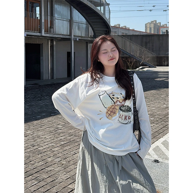大码女装美式慵懒风圆领宽松纯棉T恤 长袖打底衫chic印花白色上衣