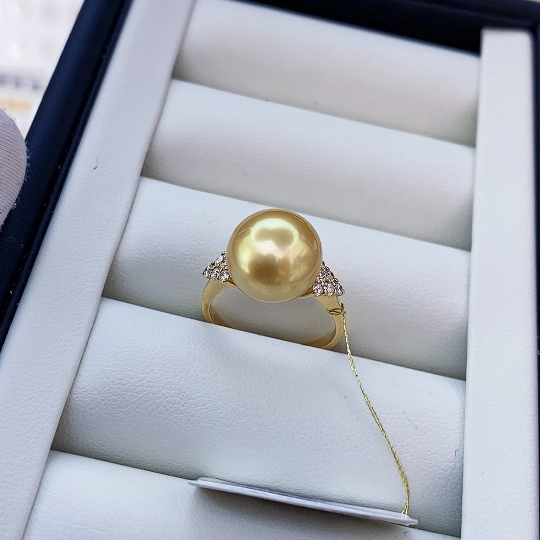 18K金镶嵌戒圈海水珍珠茶金戒指11.3mm