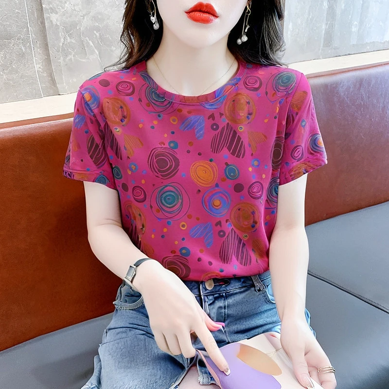 棉质短袖T恤女时尚夏季新款印花上衣韩版宽松百搭圆领体恤半袖ins