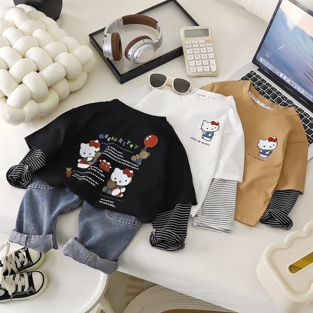 100%纯棉春秋男女童小猫条纹长袖T恤儿童洋气上衣韩版