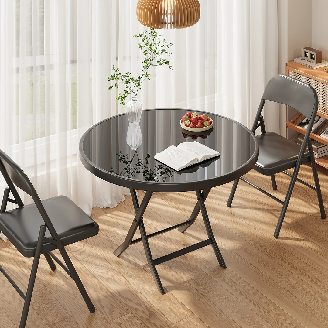 折叠桌餐桌小户型钢化玻璃圆桌家用吃饭客厅桌子户外阳台简易饭桌