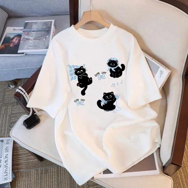 白色猫咪短袖t恤女夏季纯棉爆款宽松大码体恤设计感半袖打底上衣