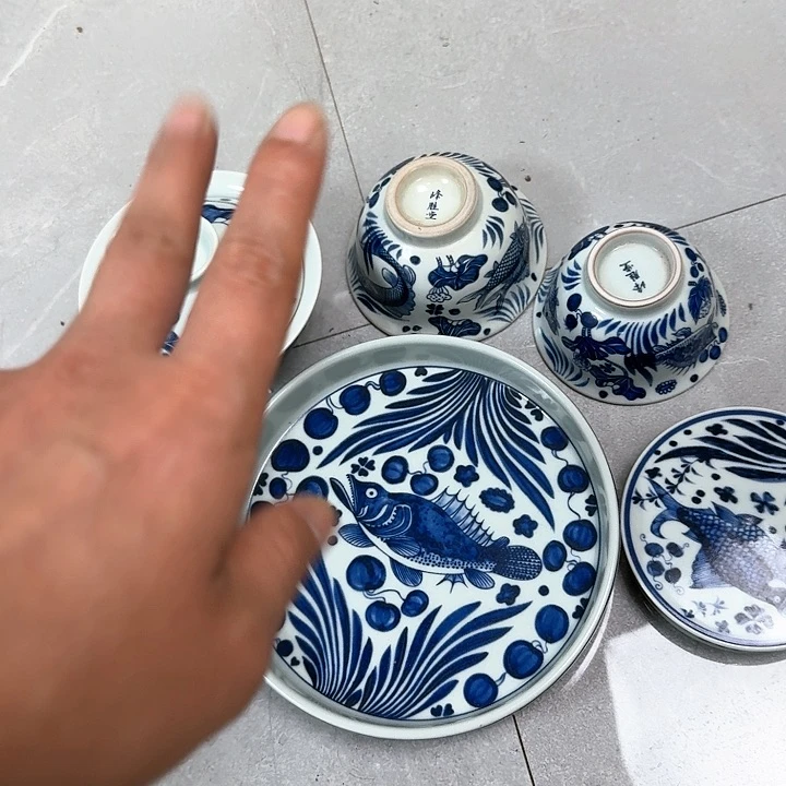 杯青花鱼藻5件套景德镇