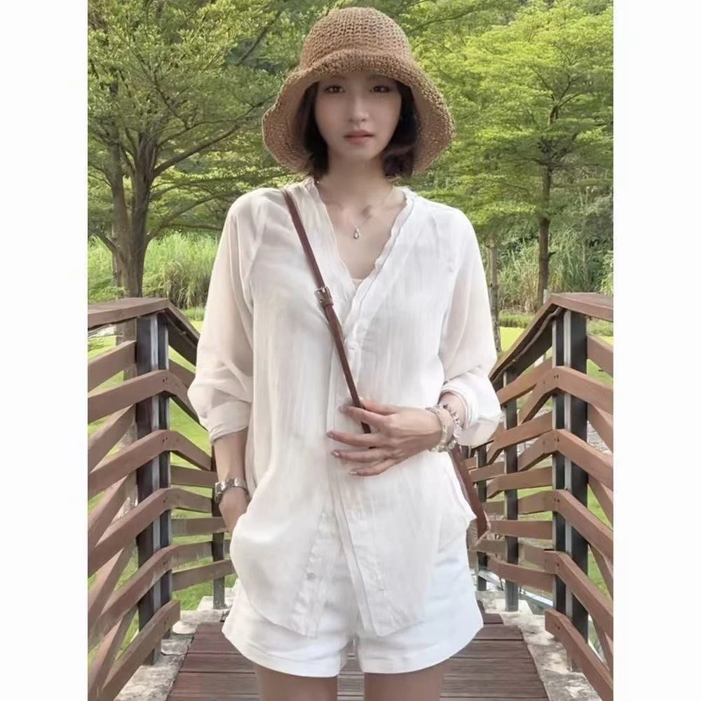 双层花边V领长袖防晒衬衫女夏季薄款微透设计感宽松显瘦百搭上衣