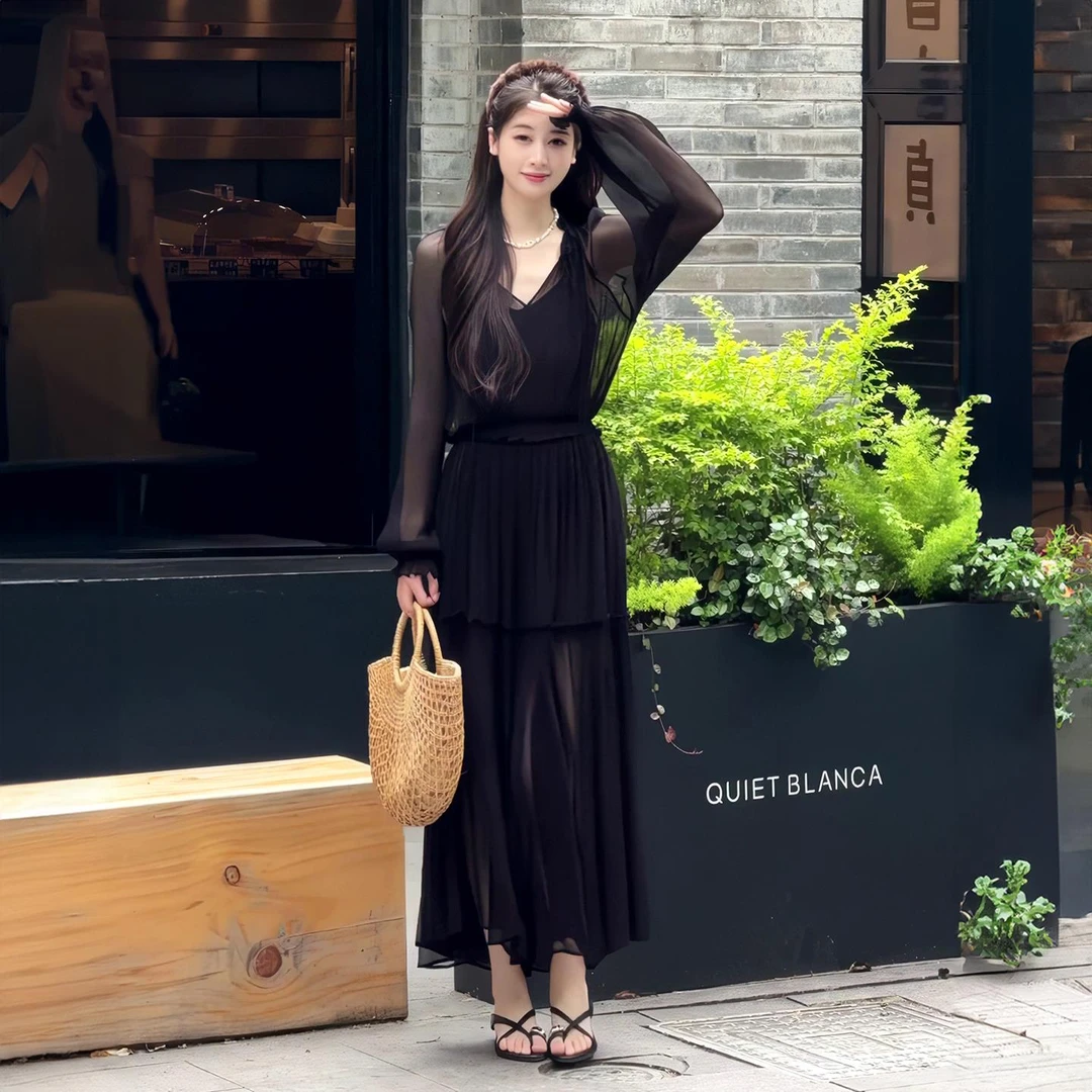 VOCKOO官方法式黑色网纱拼接连衣裙女2025夏季高级感优雅气质显瘦