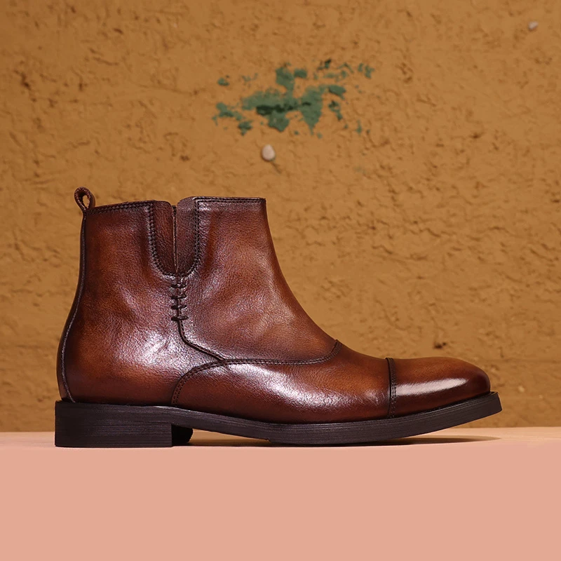 【原创手工】短靴子男切尔西拉链高帮皮靴复古英伦风秋冬新品男靴潮