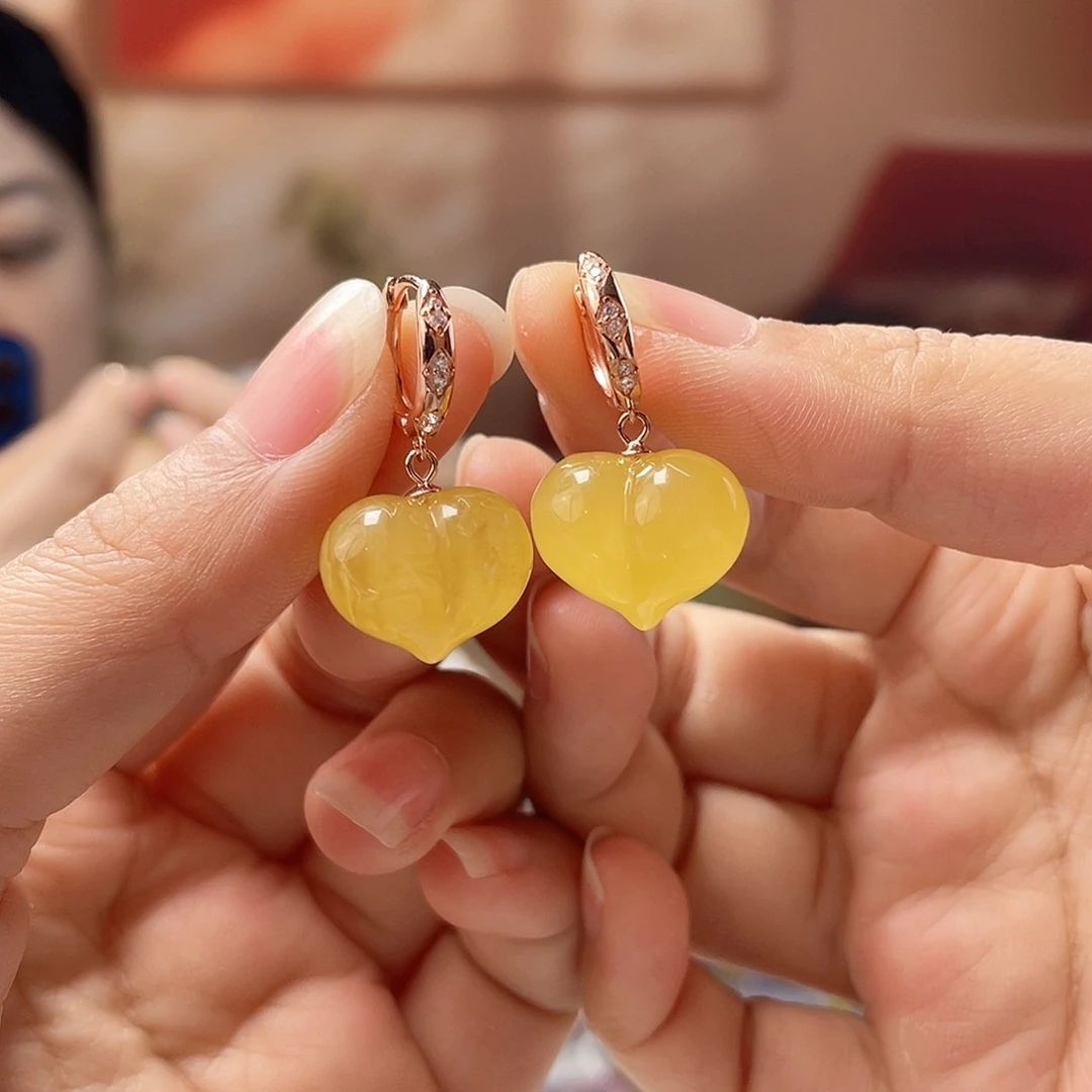 裸石蜜蜡银S925镀金镶嵌蜜蜡耳环