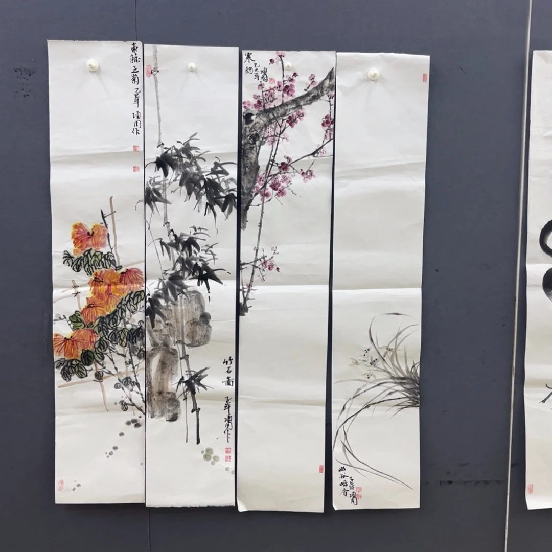 国画四条屏花鸟童