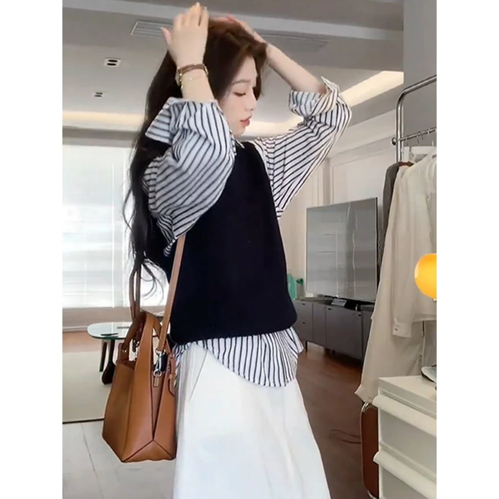 秋装今年流行时尚高级时髦洋气减龄条纹衬衫马甲半身裙三件套装女