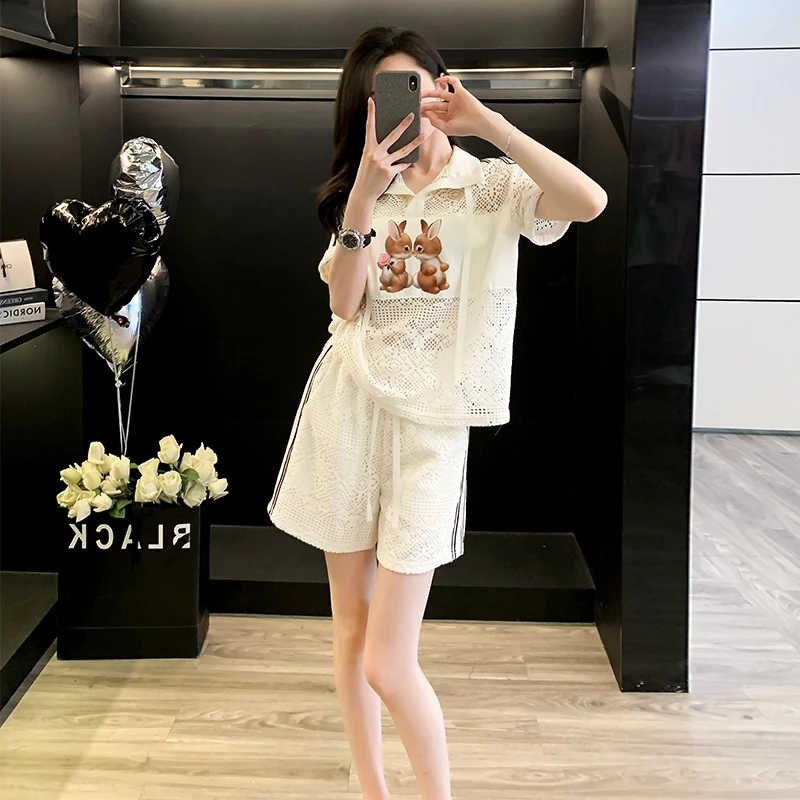 白色蕾丝短袖运动服两件套女洋气休闲短裤欧货套装2025年春夏新款