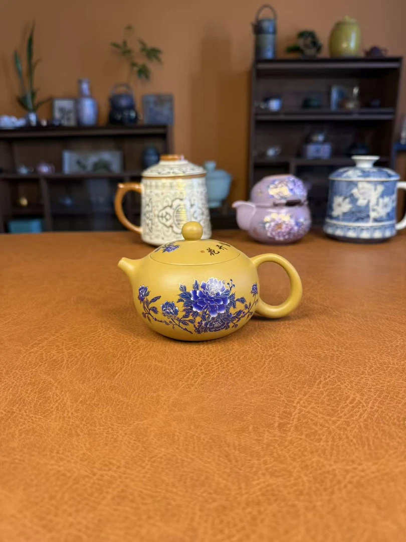 沐雨茶具黄段泥【花开富贵-牡丹】西施壶+6杯+20*20密胺盘2736