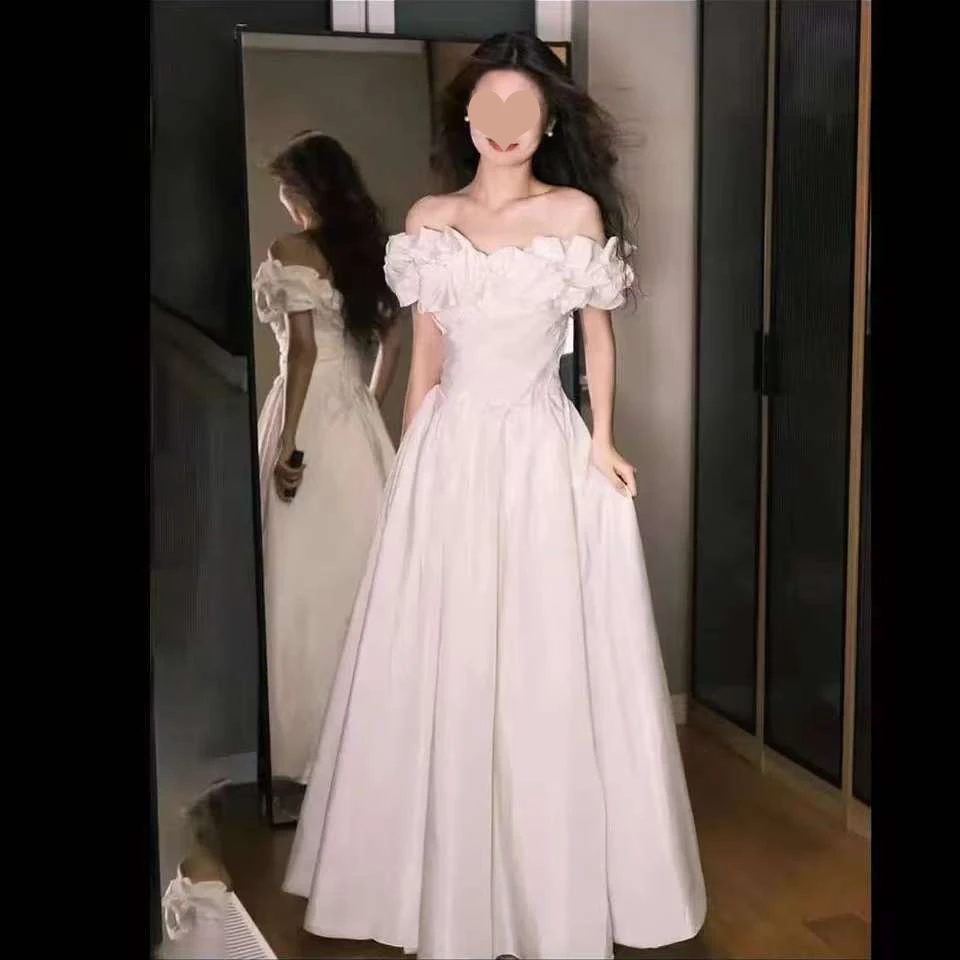 拉链款高定款法式轻奢显瘦白色一字肩纱森系简约日常礼服裙