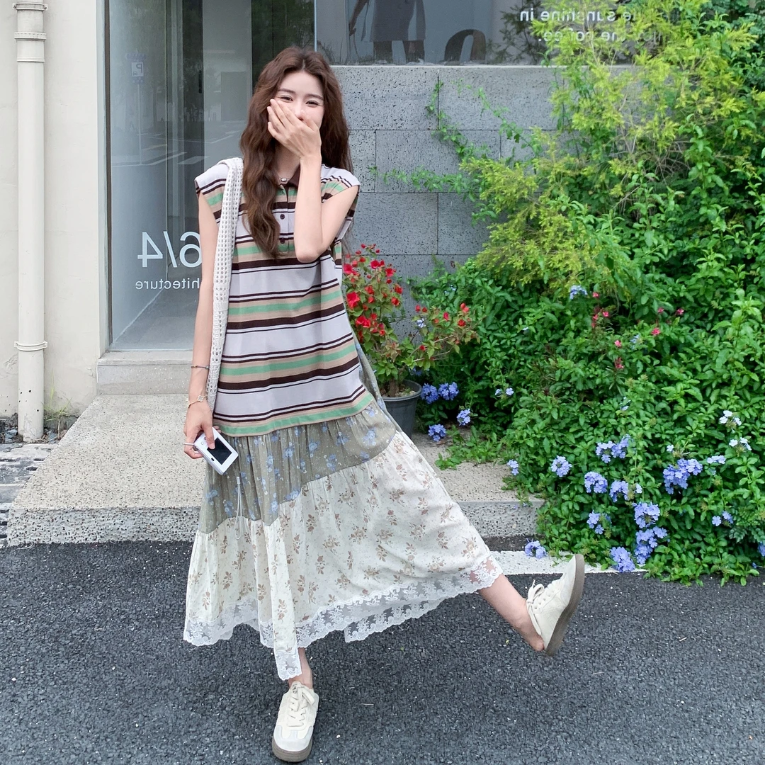 休闲时尚2025夏季新款女装百搭条纹显瘦时尚气质宽松A字连衣裙