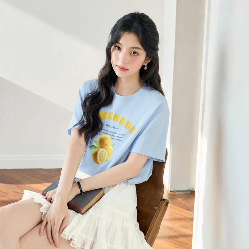 诗凡黎水果印花图案T恤2025夏新款宽松百搭休闲凉感上衣7G4400861