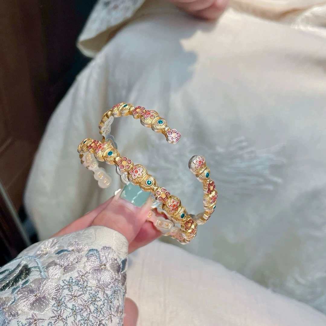 足银手镯 9999珐琅葫芦宝花女子手镯高级感百搭饰品时尚轻奢复古