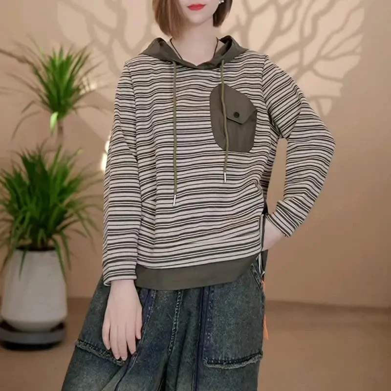 【沐光】条纹女套头短款针织秋季连帽卫衣长袖女装韩版拼接2506