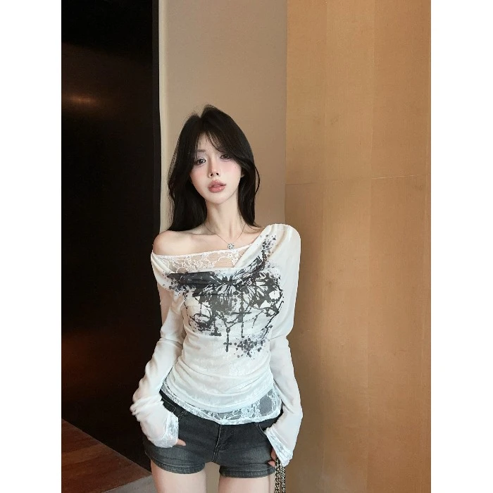 假两件荡领蕾丝防晒罩衫女夏纯欲辣妹一字肩斜肩上衣薄款长袖t恤