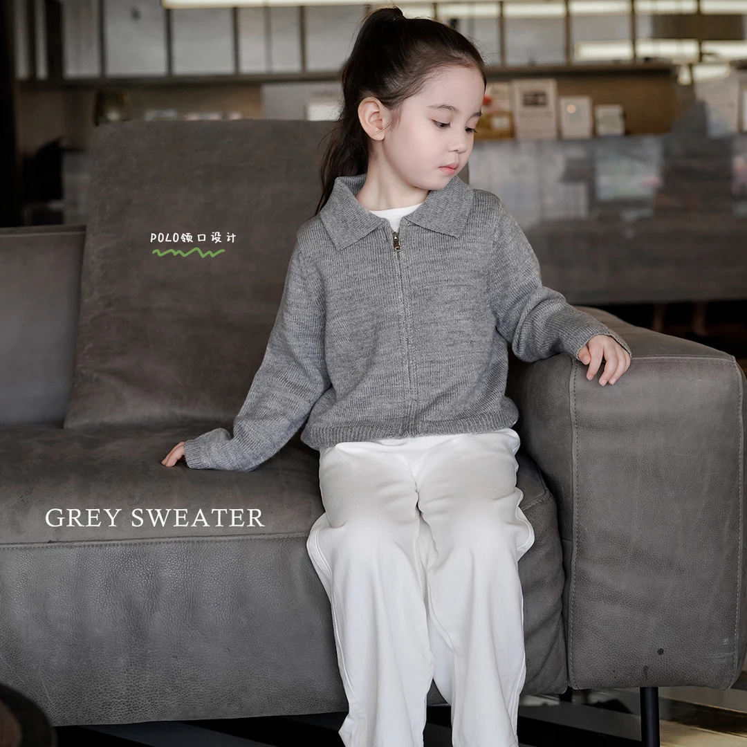 AnnieGirl秋季新款休闲儿童polo领针织衫羊毛休闲百搭毛衣2025
